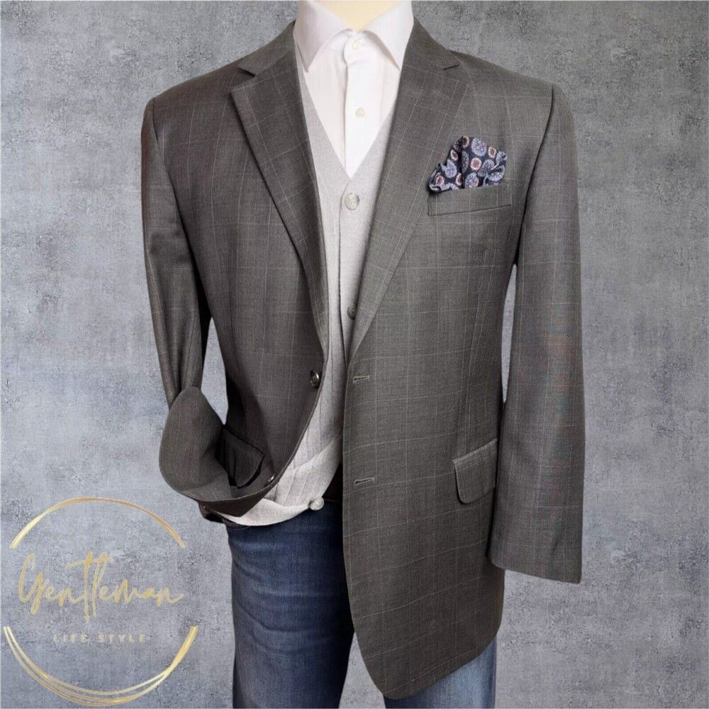 JOS A BANK Mens Blazer Sport Coat Two Button Jacket 46R Brown Wool Windowpane